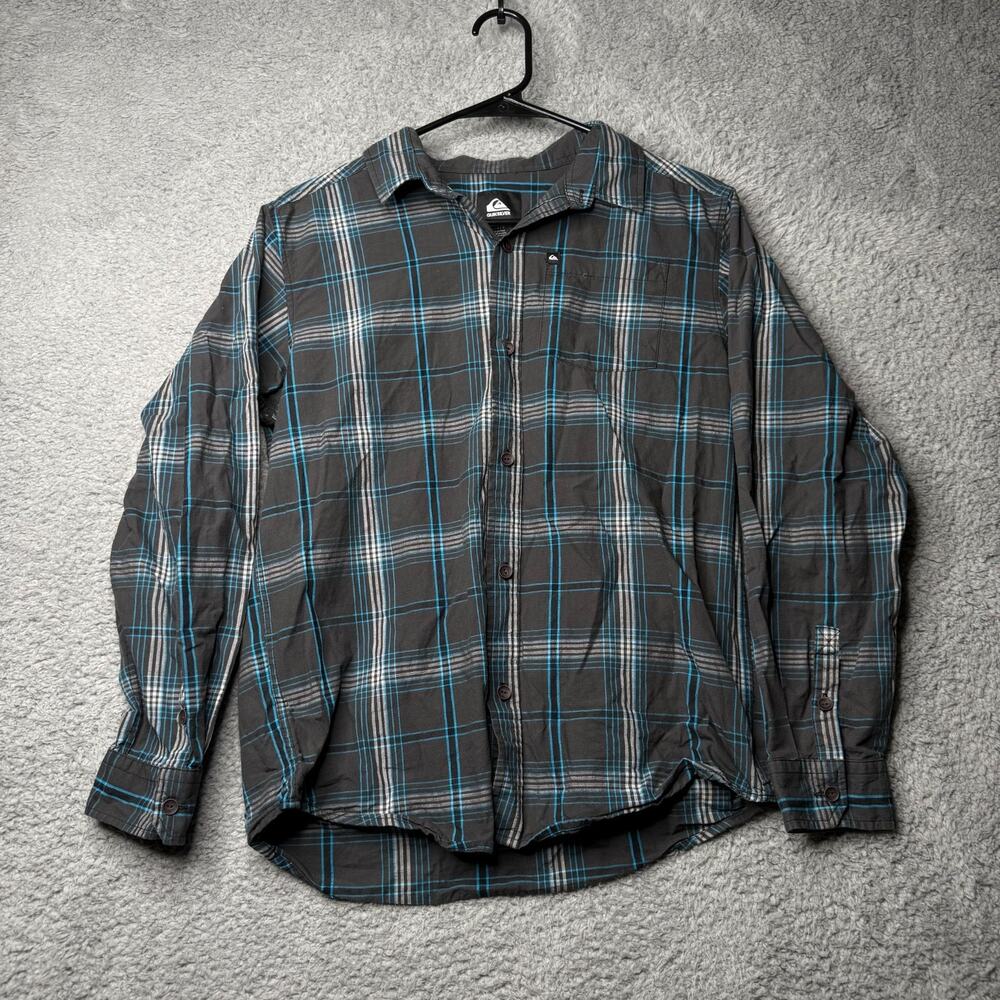 Quiksilver Shirt Youth Large Gray and Blue Plaid Long Sleeve Button Up